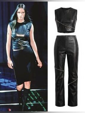 Vintage GIANNI VERSACE F/W 1998 Leather Zip Top + Pants SET in Black